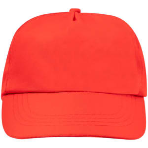 A bright red cap featuring a structured design and a curved brim. The cap includes a logo.