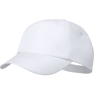 A white cap featuring a curved brim and rear adjustable strap, with a logo on the front.