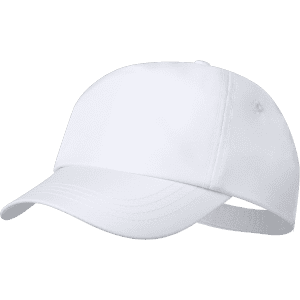 A white cap with a curved brim and adjustable strap at the back, featuring a logo.