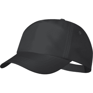 A black cap with a curved brim and an adjustable strap, featuring a logo on the side.