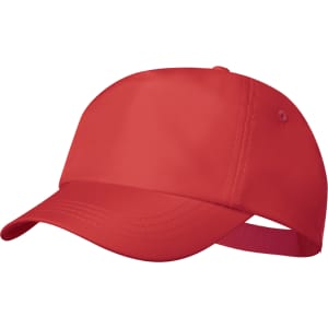A red cap with a flexible brim and an adjustable strap at the back, featuring a logo.