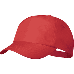 A red cap featuring a curved brim and an adjustable strap. The cap has a logo on it.