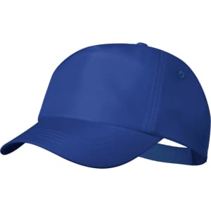 A blue cap featuring a curved brim and an adjustable strap at the back, with a logo present on it.