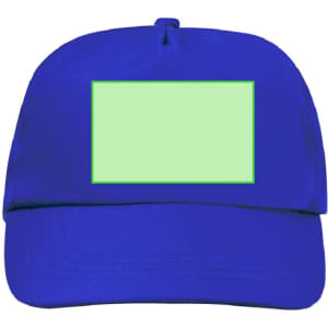 A blue cap featuring a blank rectangular area for custom designs. It has a structured shape and a logo.