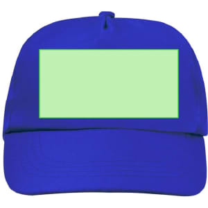 A blue cap featuring a plain area for customisation. It includes a logo or branding on the front.