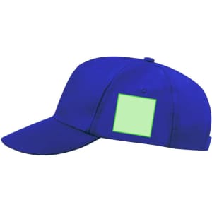 A blue cap featuring a blank space for custom branding. The cap has a curved brim and an adjustable strap.