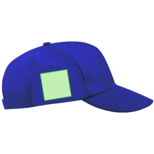 A blue cap with a curved brim and a logo space on the side. Ideal headwear for various occasions.