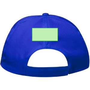 A blue cap with a blank rectangular area on the back. It features a branding logo.