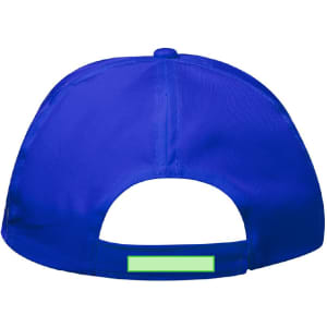 A blue cap featuring a rear snap closure and a blank area, likely for branding or personalisation.