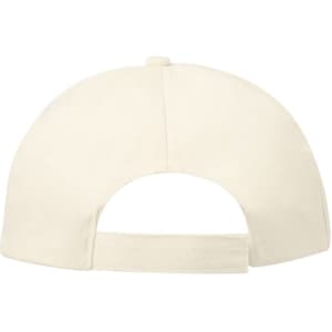 A cream-coloured cap with a rear adjustable strap and a button on top. It features a logo.