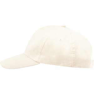A white cap with a curved brim and a rear adjustment strap, featuring a logo on the front.