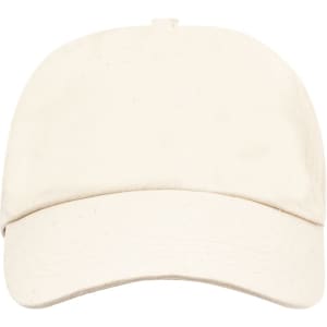A beige cap with a curved brim and a logo on the front. The fabric appears smooth and light.