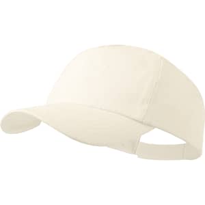 A cream-coloured cap with a curved brim and an adjustable strap at the back, featuring a logo.