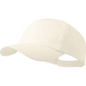A cream-coloured cap with a curved brim and an adjustable strap at the back. It features a logo on the front.