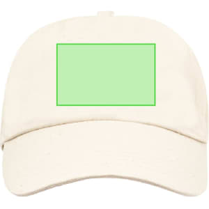 A beige cap featuring a blank green rectangular area and a logo on the front.