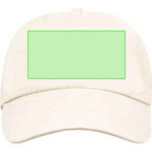 A cream cap featuring a blank green space on the front and a logo on the side.