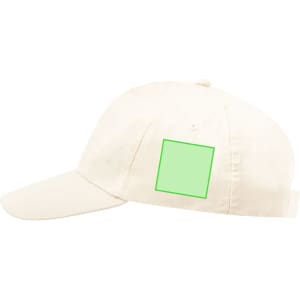 A beige cap with a curved brim and a blank square area on the side for branding or decoration.