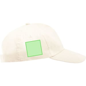 A cream-coloured cap with a curved peak and a square area on the side, featuring a logo or branding.