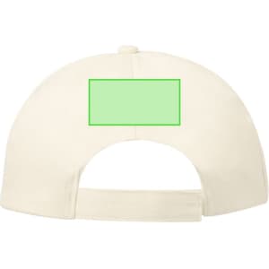 A cream cap featuring an adjustable back and a plain area for branding.