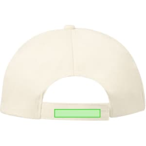 A cream cap featuring a green adjustable strap at the back and a logo on the side.