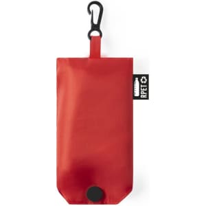 A red foldable bag with a hook and a tag, featuring a simple design and a compact storage form.