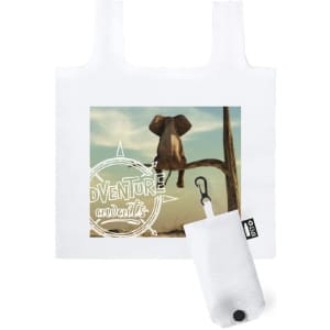 A foldable white bag featuring an elephant graphic and a compact pouch for storage. It includes a logo.