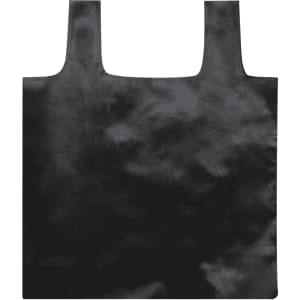 A black foldable bag with a smooth texture and two handles. It features a branding logo at the top.