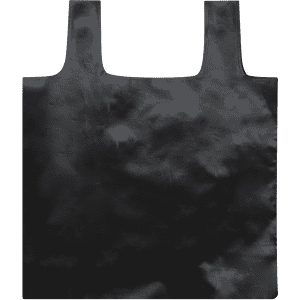A foldable bag in a solid black colour with two sturdy handles and a simple design. It has a logo on the surface.