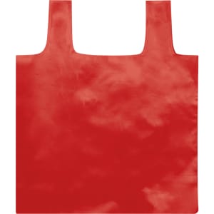 A red foldable bag with two sturdy handles and a smooth finish. It features a logo on one side.