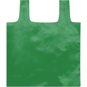 A green foldable bag with a simple design and sturdy handles. It features a logo on one side.