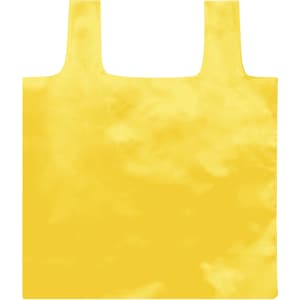 A bright yellow foldable bag featuring two handles and a smooth surface. It has a logo on one side.