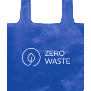 A blue foldable bag featuring a logo. The bag has two handles and a smooth finish.