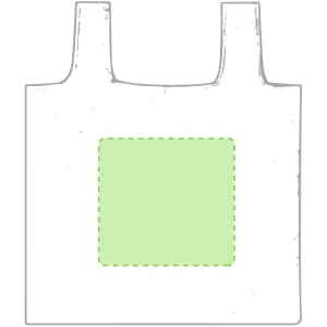 A foldable bag in white with a green square design in the centre and featured branding.