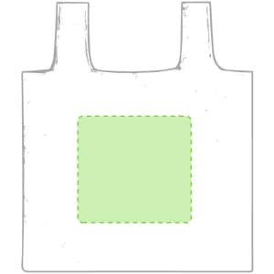 A foldable bag in white with a green outlined square in the centre. The bag features two handles and a logo.