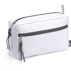 A grey toiletry bag with a zippered pocket, featuring a minimalistic design and drawstring pulls.