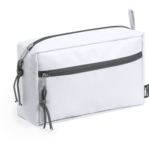 A grey and white toiletry bag with a zippered compartment and two zipper pulls, featuring a logo.