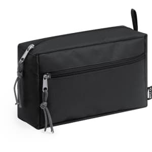 A black toiletry bag with zipper compartments and a simple design, featuring a branding logo.