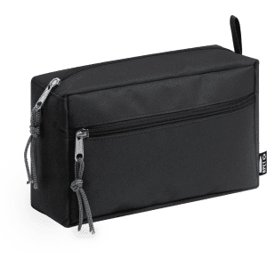 A black toiletry bag with zippers, featuring a front pocket and a small loop for easy carrying.