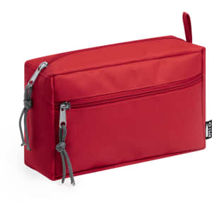 A red toiletry bag with a zippered compartment and a front pocket. Features a logo on the side.