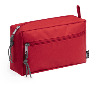 A red toiletry bag with a zippered pocket and a small handle, featuring a logo on the side.