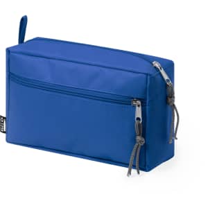A blue toiletry bag with a main compartment and a front zippered pocket, featuring a logo on the side.
