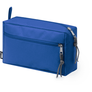 A blue toiletry bag with a zipped pocket and pull cords, featuring a logo on the side.