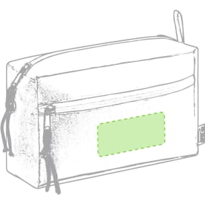 A green toiletry bag with a zip closure and a front pocket, featuring a logo.