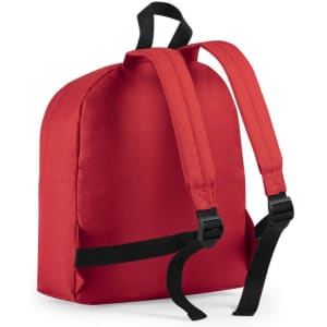 A red backpack with black straps and a simple design. It features a logo on the front.