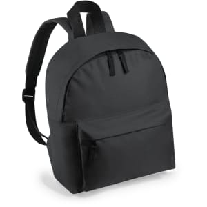 A black backpack with a spacious main compartment and a front pocket, featuring two zippers and adjustable straps.