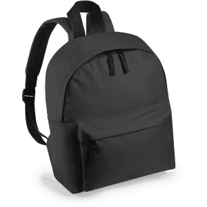 A black backpack with adjustable straps and a front pocket, featuring a minimalist design and a logo.