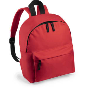 A red backpack with a rounded top and front zip pocket, featuring shoulder straps and a branding logo.