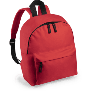 A red backpack features a main compartment and a front pocket, with black zippers and straps, and includes a logo.