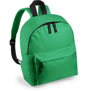 A green backpack features a main compartment and a front pocket, with black straps and a branding logo.
