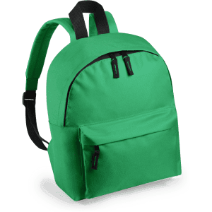 A green backpack with a front pocket, black zippers, and adjustable straps. It features a logo on the front.